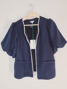 Voy Navy Puff Sleeve Pearl Trim Open Front Quilted Knit Cardigan Blazer NWT S
